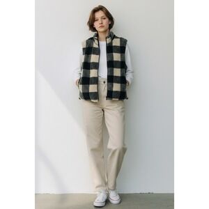 Banana Republic Womens Buffalo Plaid Sherpa Fleece Vest Black Cream Full Zip M